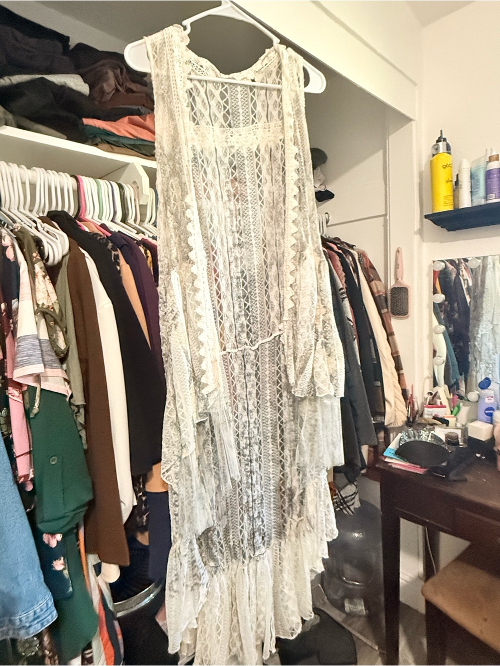 Cream Sheer Lace Duster Vestigan - Unbranded